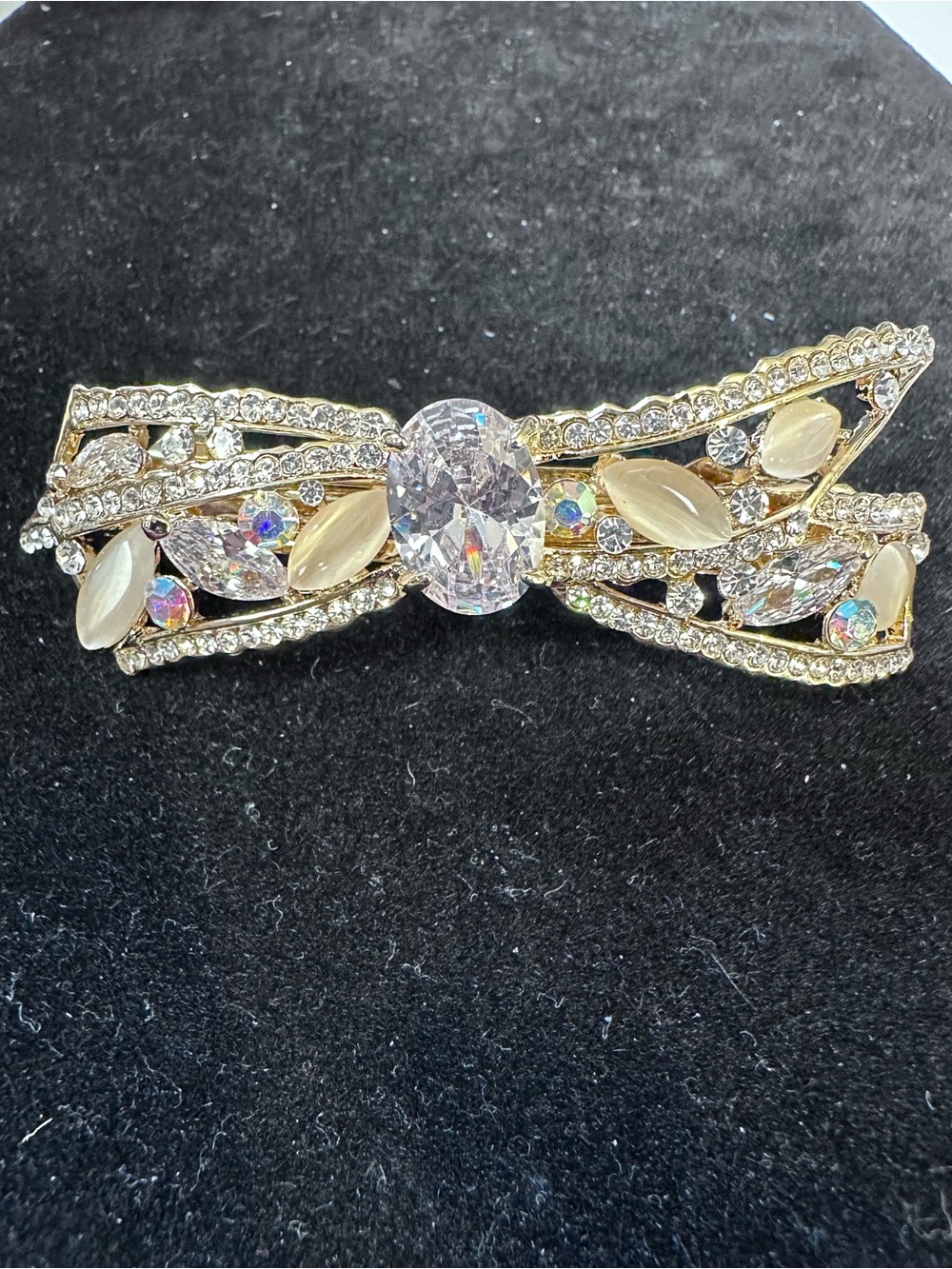 #372 Elegant Gold-Tone Crystal Bow Barrette - Gold